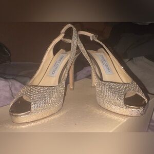 Jimmy Choo Gold Glitter Peep-Toe Slingback Heels